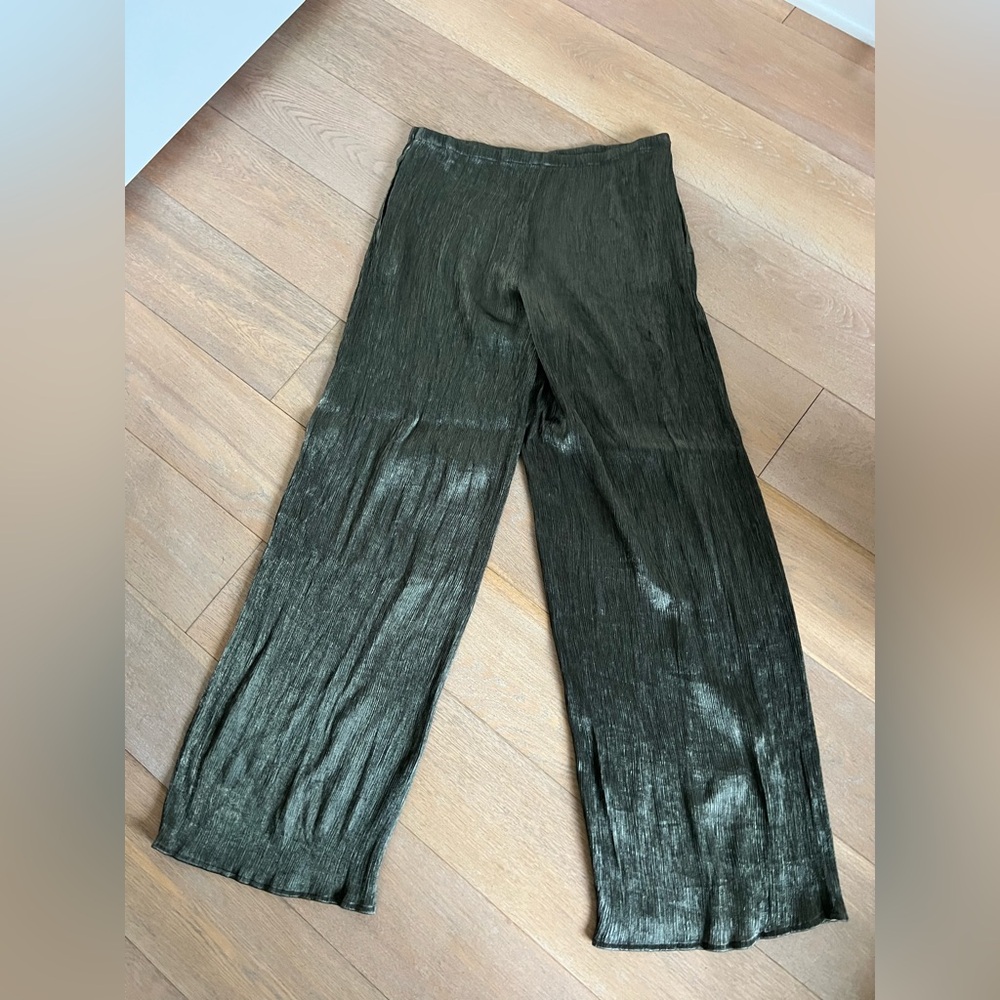 Zara Women's Metallic Pleated Aged Gold Green Wide Leg Pants, size L